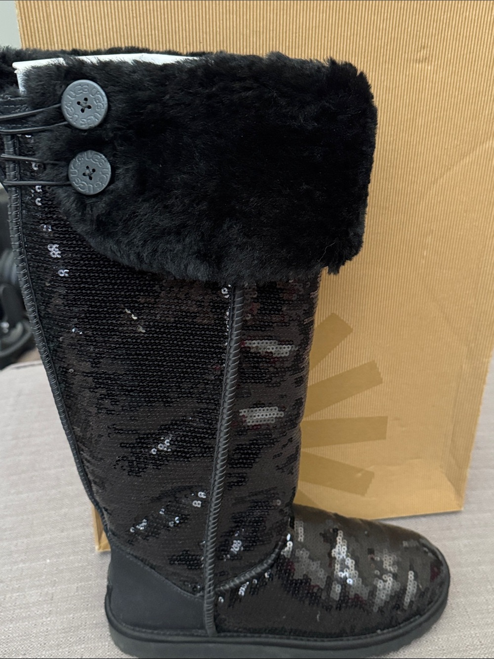 UGG Black Sequin Tall Fur-Cuff Boots - Picture 3 of 5